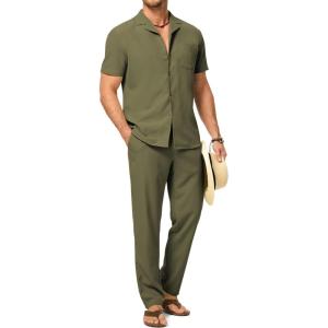 image:imageJMIERR Men Texture 2 Piece Outfit Short Sleeve Lightweight Beach Button Down Shirt Casual Pant Sets with PocketD Dark Green