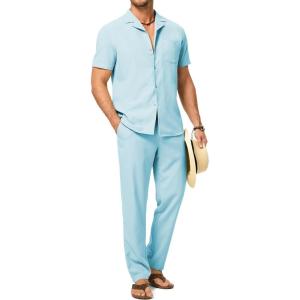 image:imageJMIERR Men Texture 2 Piece Outfit Short Sleeve Lightweight Beach Button Down Shirt Casual Pant Sets with PocketD Light Blue