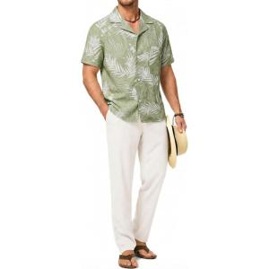 image:imageJMIERR Men Texture 2 Piece Outfit Short Sleeve Lightweight Beach Button Down Shirt Casual Pant Sets with PocketGreen