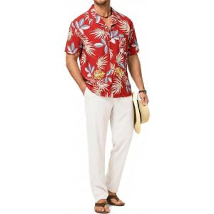 image:imageJMIERR Men Texture 2 Piece Outfit Short Sleeve Lightweight Beach Button Down Shirt Casual Pant Sets with PocketRed