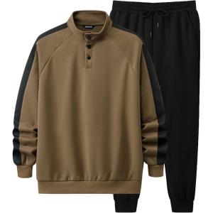 image:imageJMIERR Mens 2 Piece Casual Outfits Quarter Button Lightweight Sweatshirt Tracksuit amp Joggers Sweatpants Sweatsuit SetKhaki