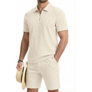 image:imageJMIERR Mens 2 Piece Jacquard Outfits Ultra Soft Comfy 14 Zip Golf Polo Shirt Shorts Set Tracksuits for BeachApricot