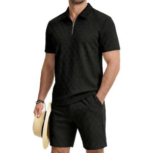 image:imageJMIERR Mens 2 Piece Jacquard Outfits Ultra Soft Comfy 14 Zip Golf Polo Shirt Shorts Set Tracksuits for BeachBlack