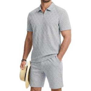 image:imageJMIERR Mens 2 Piece Jacquard Outfits Ultra Soft Comfy 14 Zip Golf Polo Shirt Shorts Set Tracksuits for BeachGrey