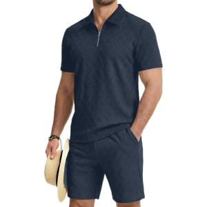 image:imageJMIERR Mens 2 Piece Jacquard Outfits Ultra Soft Comfy 14 Zip Golf Polo Shirt Shorts Set Tracksuits for BeachNavy Blue
