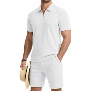 image:imageJMIERR Mens 2 Piece Jacquard Outfits Ultra Soft Comfy 14 Zip Golf Polo Shirt Shorts Set Tracksuits for BeachWhite