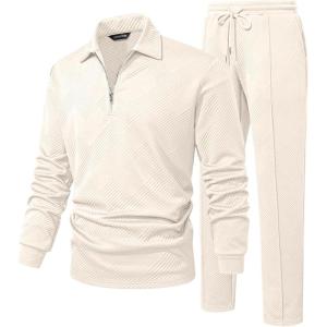 image:imageJMIERR Mens 2 Piece Outfits Quarter Zipper Polo Shirt Tracksuit amp Joggers Sweatpants Sweatsuit Sets JacquardApricot