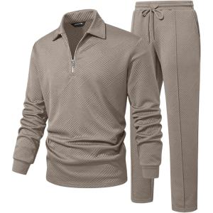 image:imageJMIERR Mens 2 Piece Outfits Quarter Zipper Polo Shirt Tracksuit amp Joggers Sweatpants Sweatsuit Sets JacquardBeige