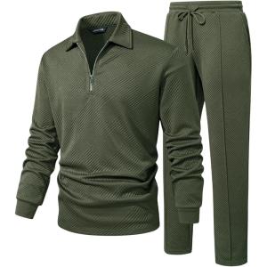 image:imageJMIERR Mens 2 Piece Outfits Quarter Zipper Polo Shirt Tracksuit amp Joggers Sweatpants Sweatsuit Sets JacquardGreen