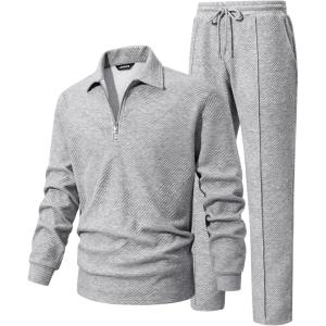 image:imageJMIERR Mens 2 Piece Outfits Quarter Zipper Polo Shirt Tracksuit amp Joggers Sweatpants Sweatsuit Sets JacquardGrey