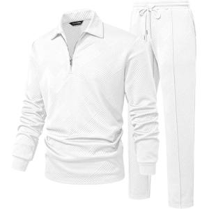 image:imageJMIERR Mens 2 Piece Outfits Quarter Zipper Polo Shirt Tracksuit amp Joggers Sweatpants Sweatsuit Sets JacquardWhite
