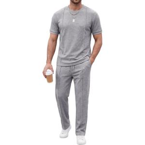 image:imageJMIERR Mens 2 Piece Sets Short Sleeve Shirts and Loose Pants Summer Textured SuitsLight Grey