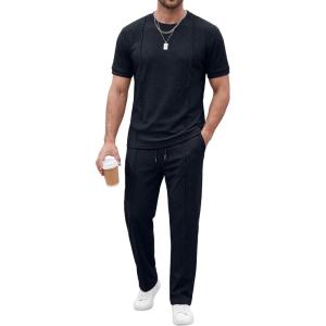 image:imageJMIERR Mens 2 Piece Sets Short Sleeve Shirts and Loose Pants Summer Textured SuitsNavy Blue
