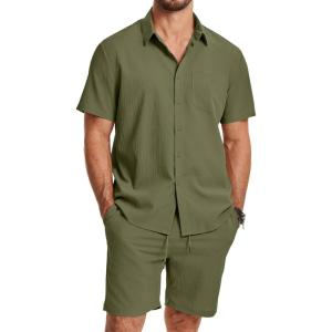 image:imageJMIERR Mens 2 Piece Short Sets Short Sleeve Shirts and Shorts Summer Beach Vacation Texture OutfitsDark Green