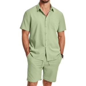 image:imageJMIERR Mens 2 Piece Short Sets Short Sleeve Shirts and Shorts Summer Beach Vacation Texture OutfitsLight Green