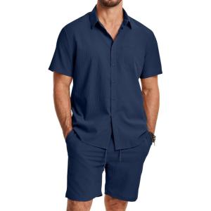 image:imageJMIERR Mens 2 Piece Short Sets Short Sleeve Shirts and Shorts Summer Beach Vacation Texture OutfitsNavy Blue
