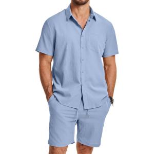 image:imageJMIERR Mens 2 Piece Short Sets Short Sleeve Shirts and Shorts Summer Beach Vacation Texture OutfitsSky Blue