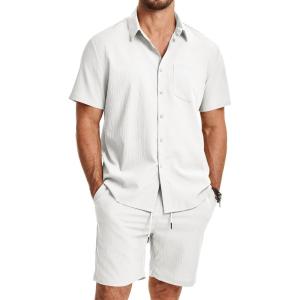 image:imageJMIERR Mens 2 Piece Short Sets Short Sleeve Shirts and Shorts Summer Beach Vacation Texture OutfitsWhite