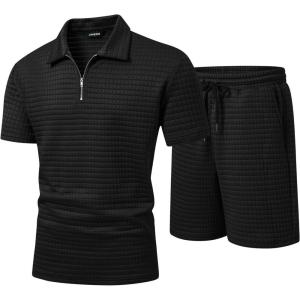 image:imageJMIERR Mens 2 Piece Waffle Knit Outfit Half Zip Polo Shirt and Shorts Textured Summer SetBlack