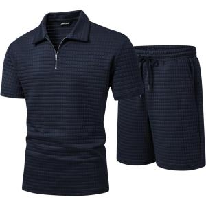 image:imageJMIERR Mens 2 Piece Waffle Knit Outfit Half Zip Polo Shirt and Shorts Textured Summer SetDark Blue