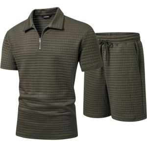 image:imageJMIERR Mens 2 Piece Waffle Knit Outfit Half Zip Polo Shirt and Shorts Textured Summer SetDark Green