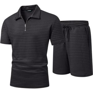 image:imageJMIERR Mens 2 Piece Waffle Knit Outfit Half Zip Polo Shirt and Shorts Textured Summer SetDark Grey