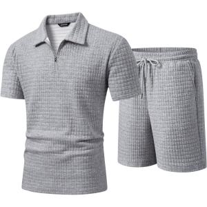 image:imageJMIERR Mens 2 Piece Waffle Knit Outfit Half Zip Polo Shirt and Shorts Textured Summer SetLight Grey