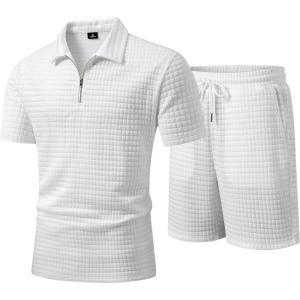 image:imageJMIERR Mens 2 Piece Waffle Knit Outfit Half Zip Polo Shirt and Shorts Textured Summer SetWhite