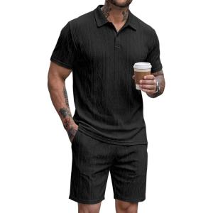 image:imageJMIERR Mens 2026 Casual 2 Piece Outfits Lounge Sets Jacquard Knit Short Sets Golf Short Sleeve Outfits for Beach Vacation0 Black