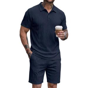 image:imageJMIERR Mens 2026 Casual 2 Piece Outfits Lounge Sets Jacquard Knit Short Sets Golf Short Sleeve Outfits for Beach Vacation1 Blue