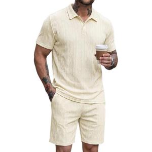 image:imageJMIERR Mens 2026 Casual 2 Piece Outfits Lounge Sets Jacquard Knit Short Sets Golf Short Sleeve Outfits for Beach VacationApricot