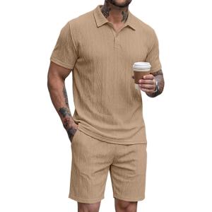 image:imageJMIERR Mens 2026 Casual 2 Piece Outfits Lounge Sets Jacquard Knit Short Sets Golf Short Sleeve Outfits for Beach VacationB Khaki