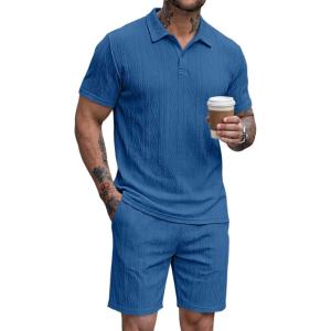 image:imageJMIERR Mens 2026 Casual 2 Piece Outfits Lounge Sets Jacquard Knit Short Sets Golf Short Sleeve Outfits for Beach VacationBlue 3