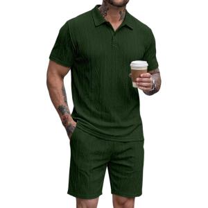 image:imageJMIERR Mens 2026 Casual 2 Piece Outfits Lounge Sets Jacquard Knit Short Sets Golf Short Sleeve Outfits for Beach VacationGreen