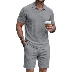 image:imageJMIERR Mens 2026 Casual 2 Piece Outfits Lounge Sets Jacquard Knit Short Sets Golf Short Sleeve Outfits for Beach VacationGrey