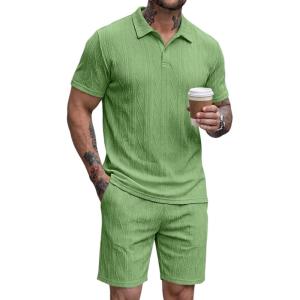 image:imageJMIERR Mens 2026 Casual 2 Piece Outfits Lounge Sets Jacquard Knit Short Sets Golf Short Sleeve Outfits for Beach VacationLight Green