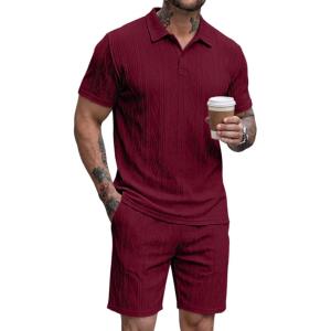 image:imageJMIERR Mens 2026 Casual 2 Piece Outfits Lounge Sets Jacquard Knit Short Sets Golf Short Sleeve Outfits for Beach VacationRed