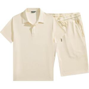 image:imageJMIERR Mens Casual 2 Pieces Summer Outfits Knit Textured Short Sleeve Polo Shirt And Shorts Vacation Beach Set for MenBeige