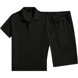 image:imageJMIERR Mens Casual 2 Pieces Summer Outfits Knit Textured Short Sleeve Polo Shirt And Shorts Vacation Beach Set for MenBlack