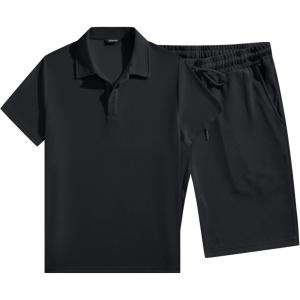 image:imageJMIERR Mens Casual 2 Pieces Summer Outfits Knit Textured Short Sleeve Polo Shirt And Shorts Vacation Beach Set for MenDark Grey