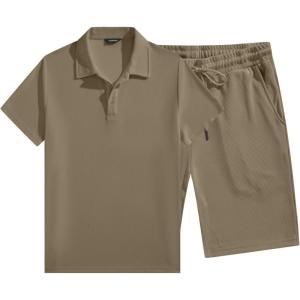 image:imageJMIERR Mens Casual 2 Pieces Summer Outfits Knit Textured Short Sleeve Polo Shirt And Shorts Vacation Beach Set for MenPale Khaki
