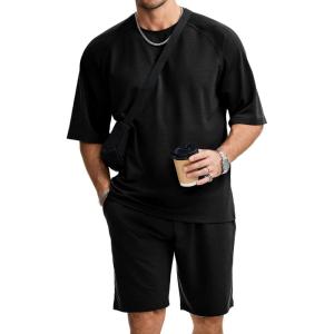 image:imageJMIERR Mens Casual Oversized Short Sets 2 Piece Summer Outfits Raglan Sleeve Tshirts amp Shorts TracksuitBlack