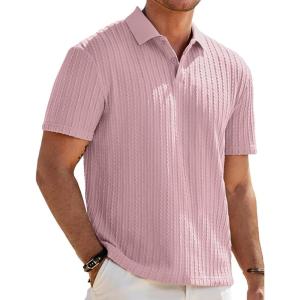 image:imageJMIERR Mens Casual Polo Shirt Summer Short Sleeve Vacation Button Beach Knit Stretchy Golf ShirtsPink