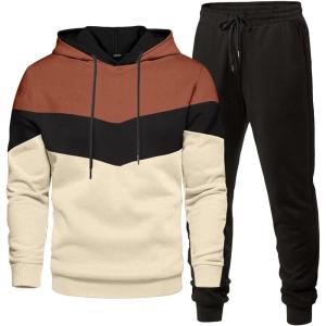image:imageJMIERR Mens Hoodie Tracksuit 2 Pieces Set Novelty Color Block Pullover Fleece Hoodies Long Sleeve Casual SweatshirtApricot