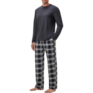 image:imageJMIERR Mens Pajamas Set 2 Piece Long Sleeve TShirt Loungewear Long Plaid Pants with PocketBlack