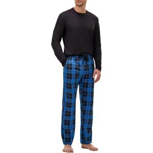 image:imageJMIERR Mens Pajamas Set 2 Piece Long Sleeve TShirt Loungewear Long Plaid Pants with PocketDark Blue