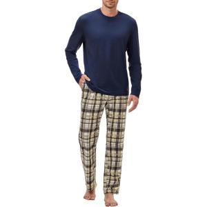 image:imageJMIERR Mens Pajamas Set 2 Piece Long Sleeve TShirt Loungewear Long Plaid Pants with PocketKhaki