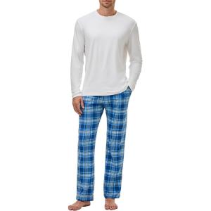 image:imageJMIERR Mens Pajamas Set 2 Piece Long Sleeve TShirt Loungewear Long Plaid Pants with PocketSky Blue