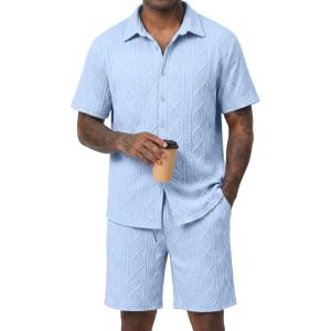 image:imageJMIERR Mens Summer 2 Piece Beach Sets Texture Short Sleeve Button Down Knit Shirts and Shorts Vacation Outfits of MenBeau Blue