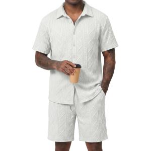 image:imageJMIERR Mens Summer 2 Piece Beach Sets Texture Short Sleeve Button Down Knit Shirts and Shorts Vacation Outfits of MenBeige
